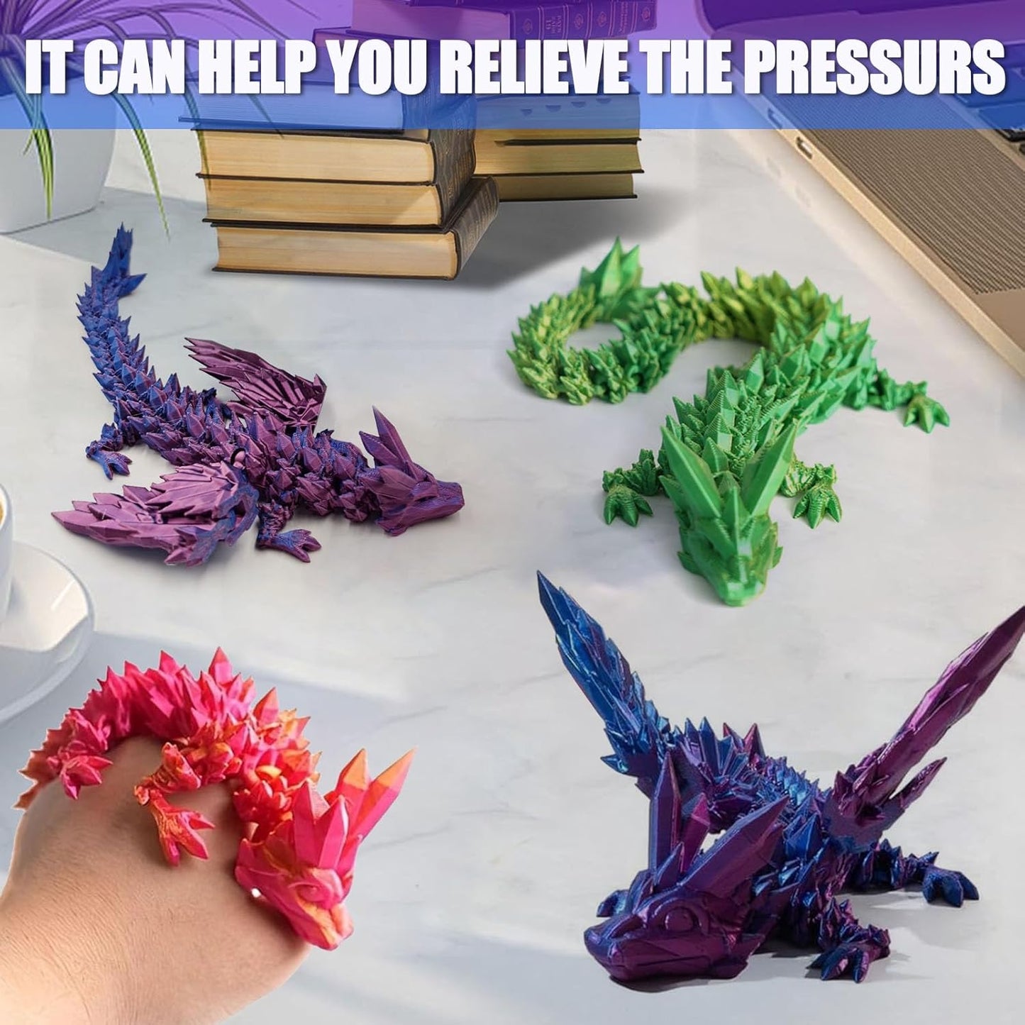 3D Printed Dragon with Wings, 2 Pack Mystery Dragon Fidget Toy, Mythical Pieces Articulated Dragon, Home Office Decor Executive Desk Toys (Purple&Green)