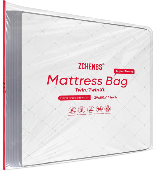 ZCHENBS® – Mattress Bags for Moving and Storage,Mattress Bag with Zippers,5 Mil Ultra-Thick Bed Bag,Waterproof,Anti-Tear,Heavy-Duty Mattress bag (Transaparent/Red, Twin/Twin XL-(1 Pack))