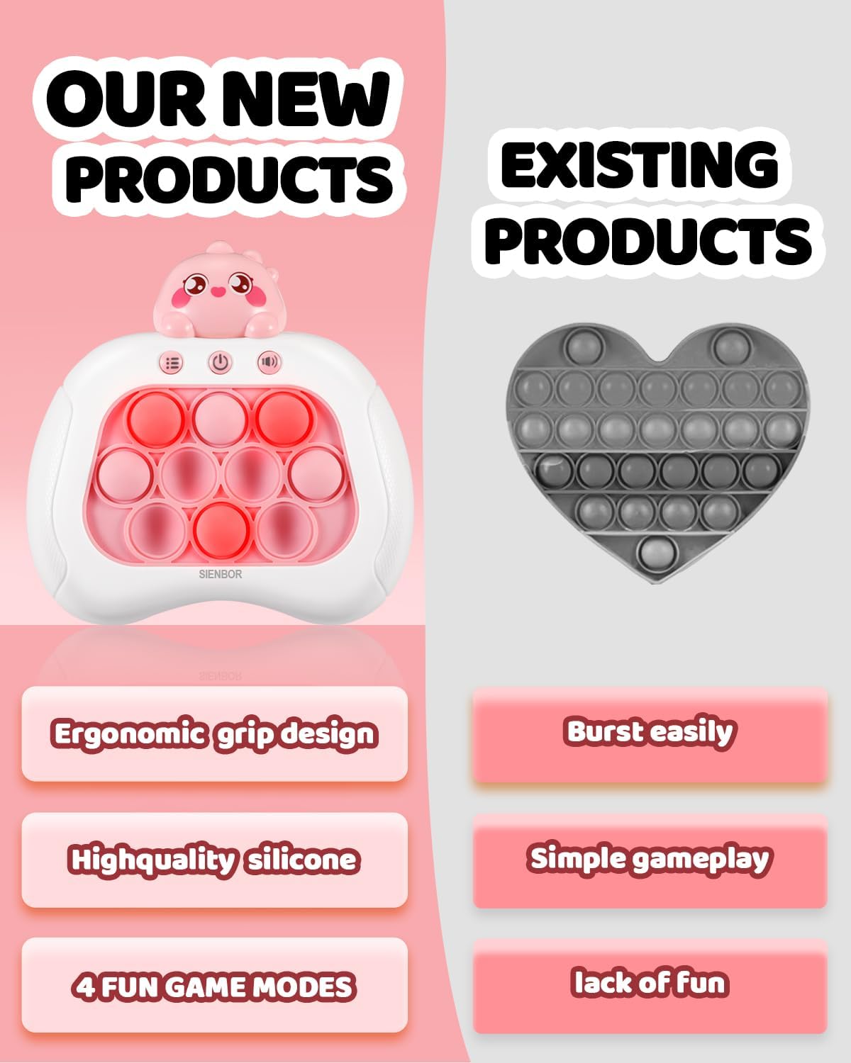 Quick Push Game Console,4 Modes Games, A Toy Game Machine That Exercises Reaction Ability and Improves Concentration |Teens Boys & Girls Ages 3-12 Years Old & Up (Pink)