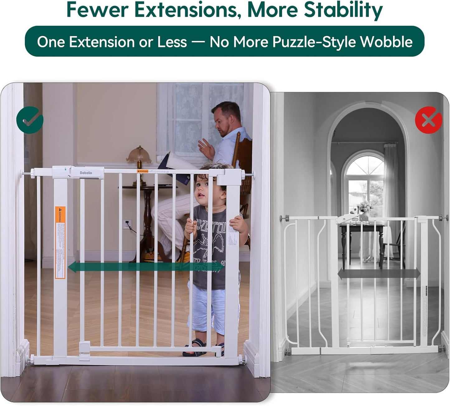 BABELIO Baby Gate for Doorways and Stairs, 41-46" Pet Gate with Wide Walk Thru Door and Lock Indicator, No Drill Pressure Mounted Safety Gate with Double Lock and Self-Closing, White
