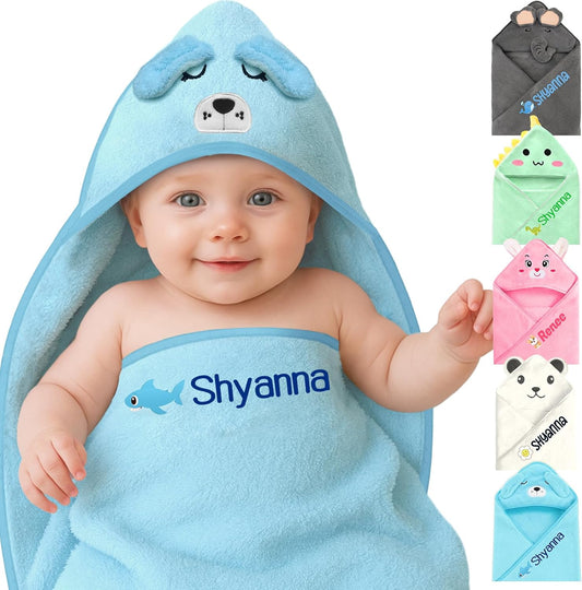 Personalized Baby Towels Hooded with Name, Custom Toddler Bath Towel with Hood for Girl Boy, Warm Swaddle Blanket, Customized Newborn Gifts - Printed (Blue Puppy)