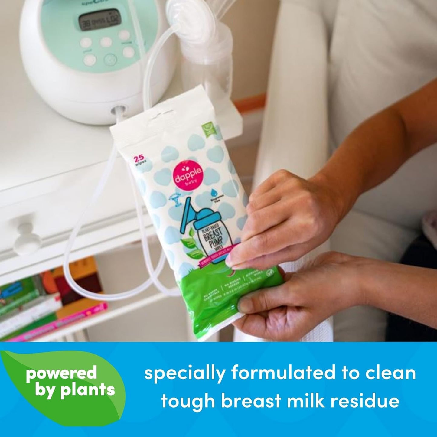 Dapple Baby Breast Pump Wipes, Powered by Plants, Hypoallergenic, Removes Milk Residue, No Rinse, Fragrance Free, 25 Count (Pack of 3)