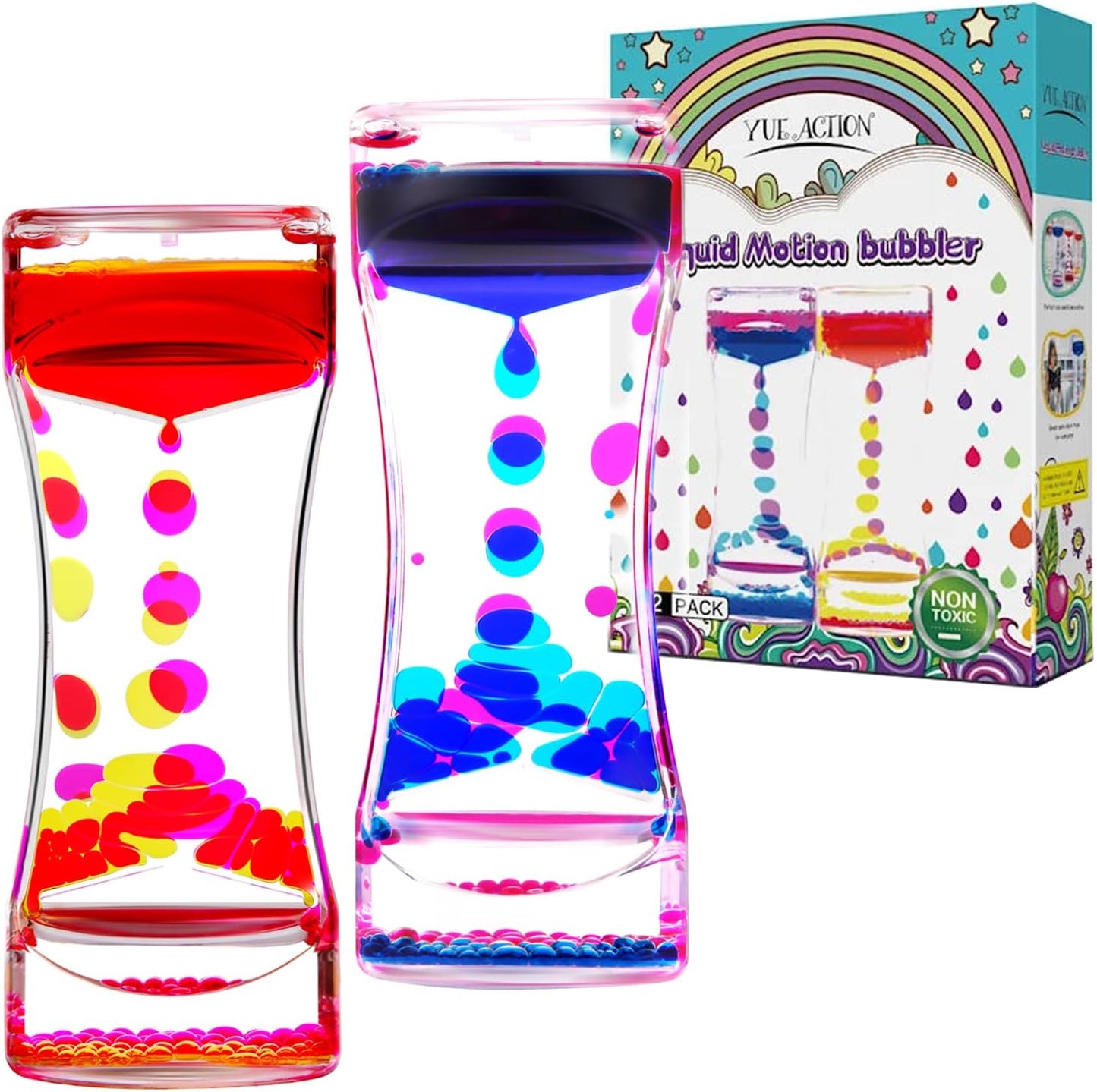 YUE Action Liquid Timer 2 Pack/Liquid Motion Bubbler Timer for Caliming Sensory Toys, Autism Toys,Fidget Toy, Children Activity, Desk Toys,Novelty Gifts,Holiday Stocking Stuffers (Blue+Orange Set)
