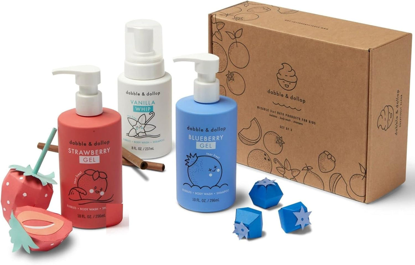 Dabble & Dollop USA Bundle, 3-in-1 Natural Bubble Bath, Body Wash & Shampoo for Kids, USA-Made, Paraben & Sulfate Free, Vegan, Tear-Free, Strawberry, Vanilla & Blueberry (Set of 3)