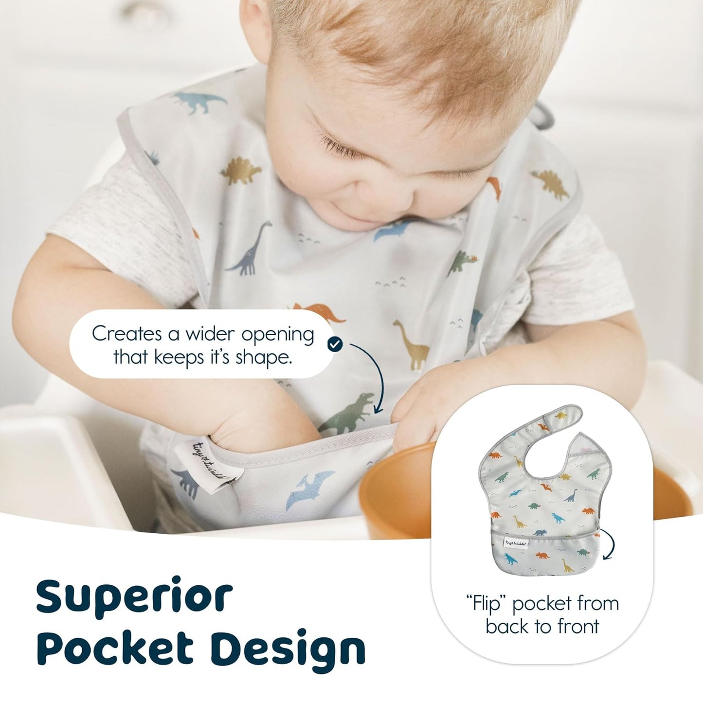 Tiny Twinkle Mess Proof Baby Bibs for Eating - Waterproof, Wipeable Bibs - Toddler Bib- Travel Friendly - PFAS, PVC, BPA, Phthalate Free - Baby Food Bib (3 Pack,Dinosaur)