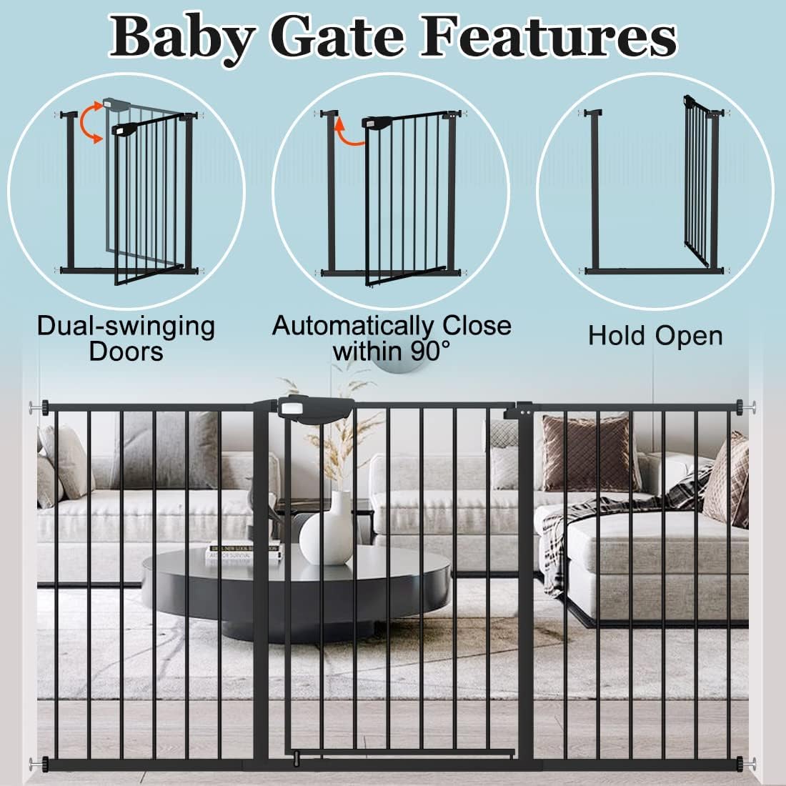 WAOWAO Triple Lock 49.21-66.54" Baby Gate Extra Wide Pressure Mounted Walk Through Swing Auto Close Safety Black Metal Dog Pet Puppy for Stairs,Doorways,Kitchen