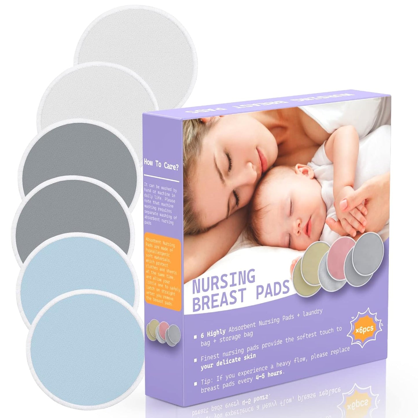 6 PCS Reusable Nursing Pads – Washable Breast Pads for Breastfeeding, Soft & Super Absorbent with Laundry Bag and Travel Bag, Nipple Pads for Postpartum Essentials