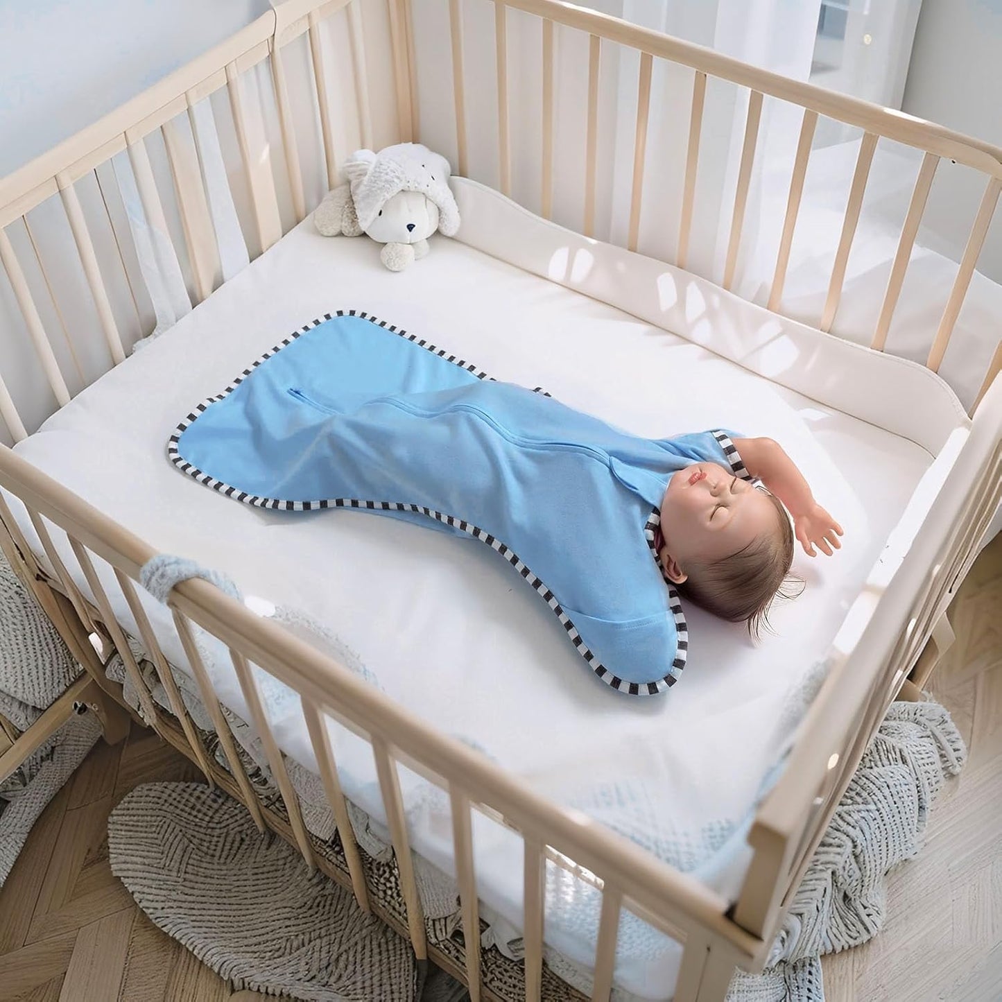 Transition Swaddle, 2 Pack 100% Cotton Baby Sleep Sack, 2-Way Zipper Infant Arm Up Swaddle for Newborn Baby Boys Girls (Khaki + Sky Blue, S(0-3 Months))