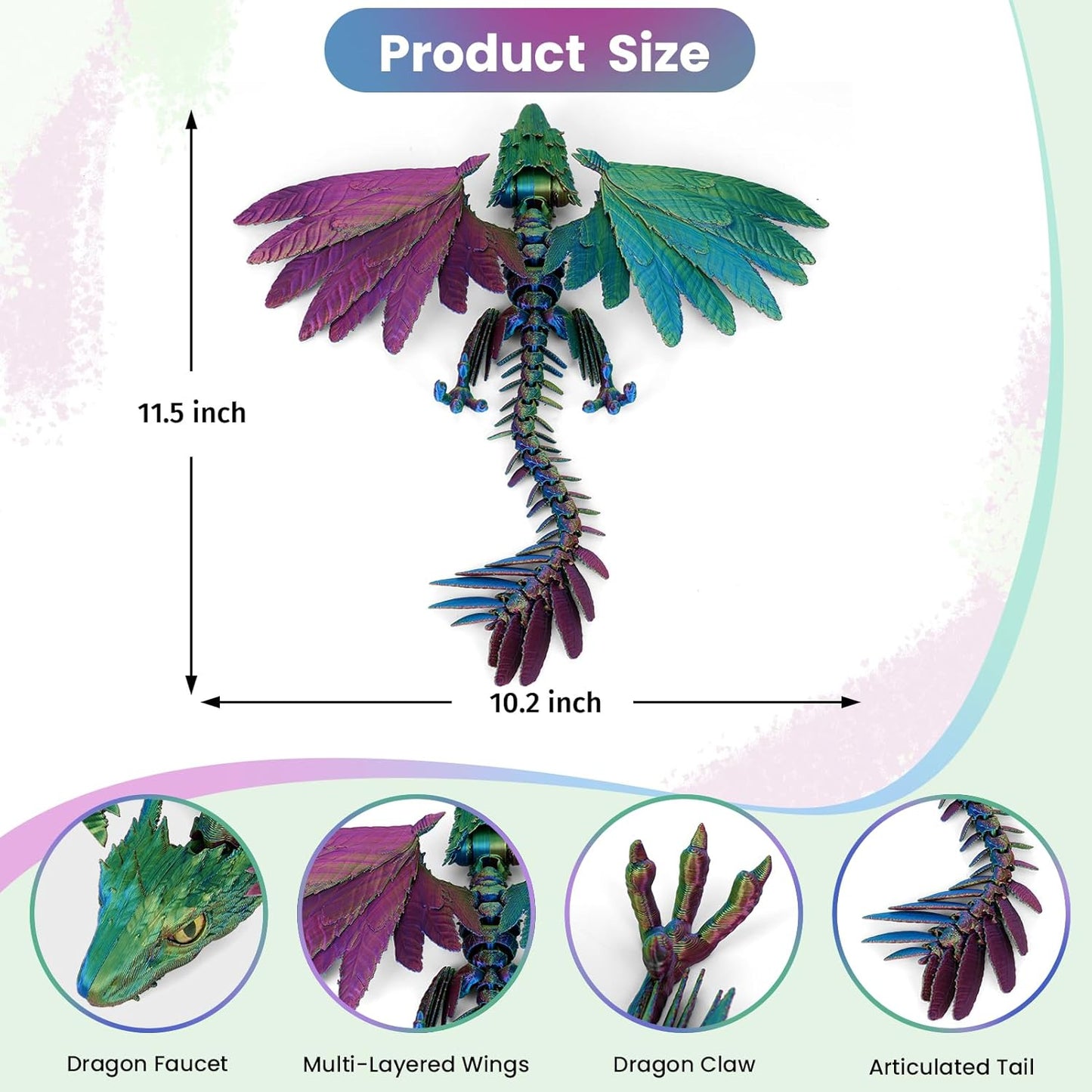 3D Printed Dragon with Wings,3D Printed Animals Toy,3D Printed Flexible Dragons,Crystal Dragon Fidget Toys,Full Articulated Dragon Crystal Dragon (Red Yellow and Blue)