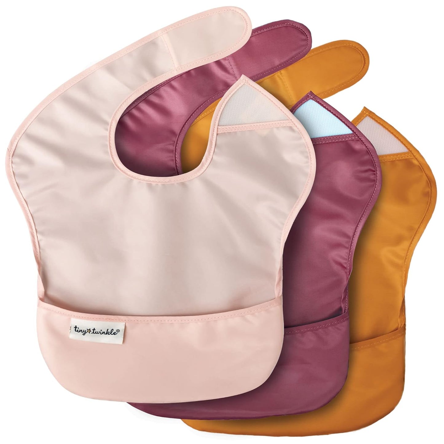 Tiny Twinkle Mess Proof Baby Bibs for Eating - Waterproof, Wipeable Bibs - Toddler Bibs - Travel Friendly - PFAS, PVC, BPA, Phthalate Free - Baby Food Bibs (3 Pack,Blush, Burgundy)