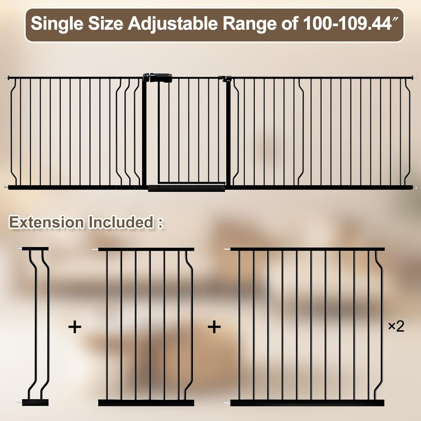 WAOWAO Baby Gate 100-109.42" Extra Wide Pressure Mounted Walk Through Swing Auto Close Safety Black Metal Toddler Kids Child Dog Pet Puppy for Stairs,Doorways,Kitchen