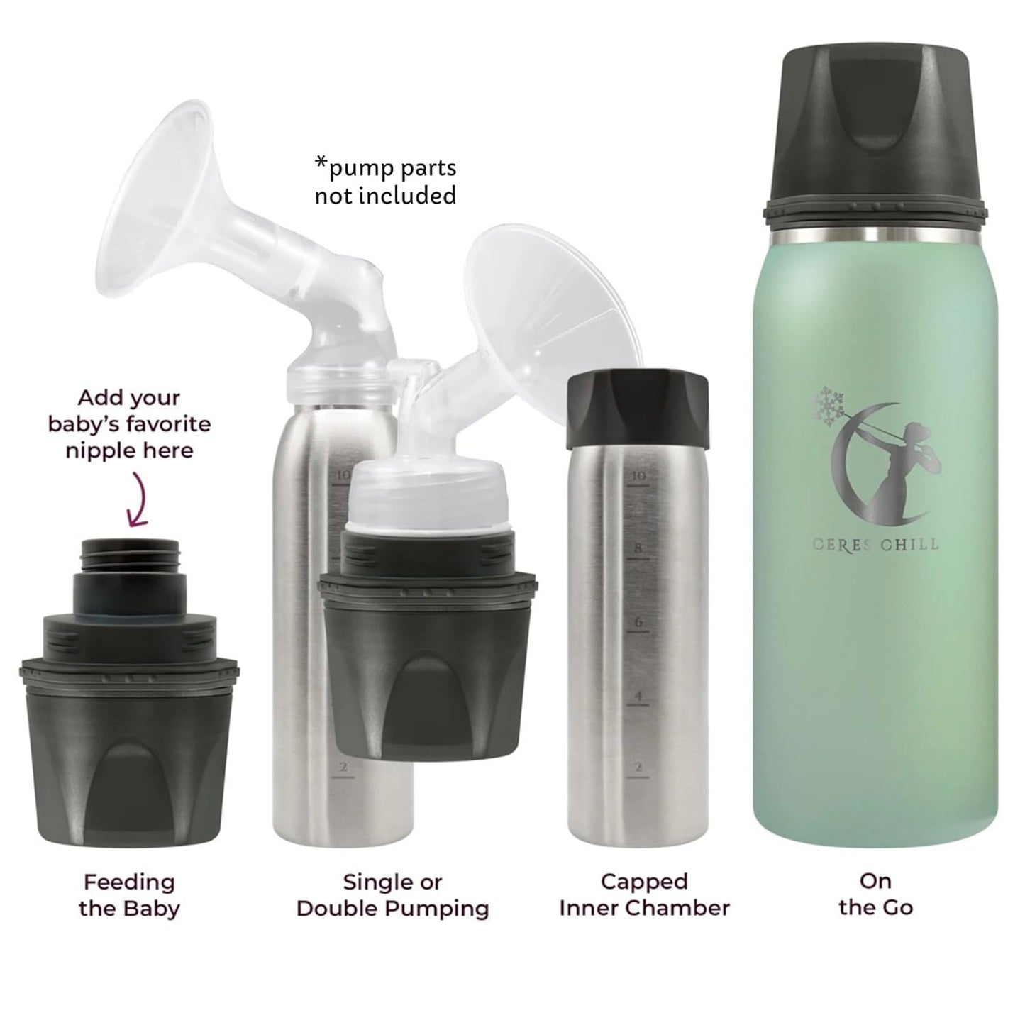 CERES CHILL OG Breastmilk Chiller, Reusable Storage Container, Up to 34 oz. - Bottle Cooler Keeps Milk at Safe Temperatures for Up to 20 Hours, Connects w/Most Pumps (Zen Green)