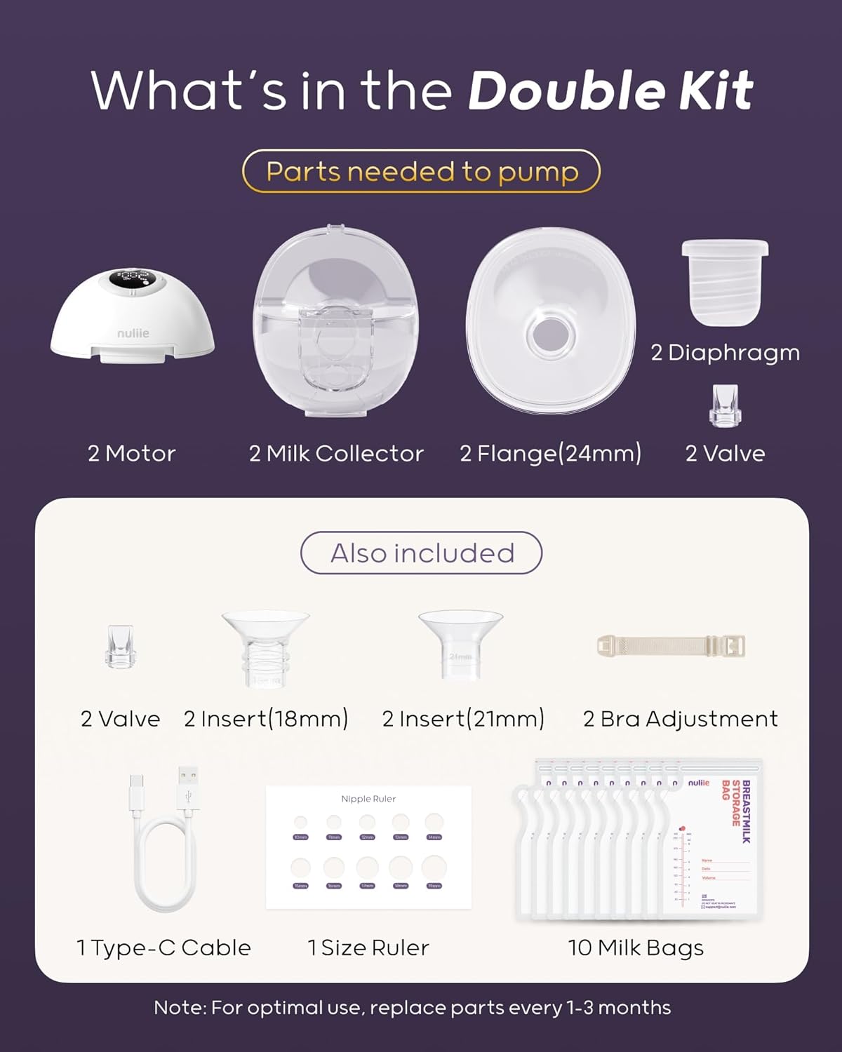 Nuliie Hands-Free Breast Pump, Wearable Breastfeeding Pump 4 Modes 9 Levels with 18/21/24MM Flange, Electric Breast Pump Portable, Replaced Pumping Accessories Included (Ghostwhite, 2 Packs)