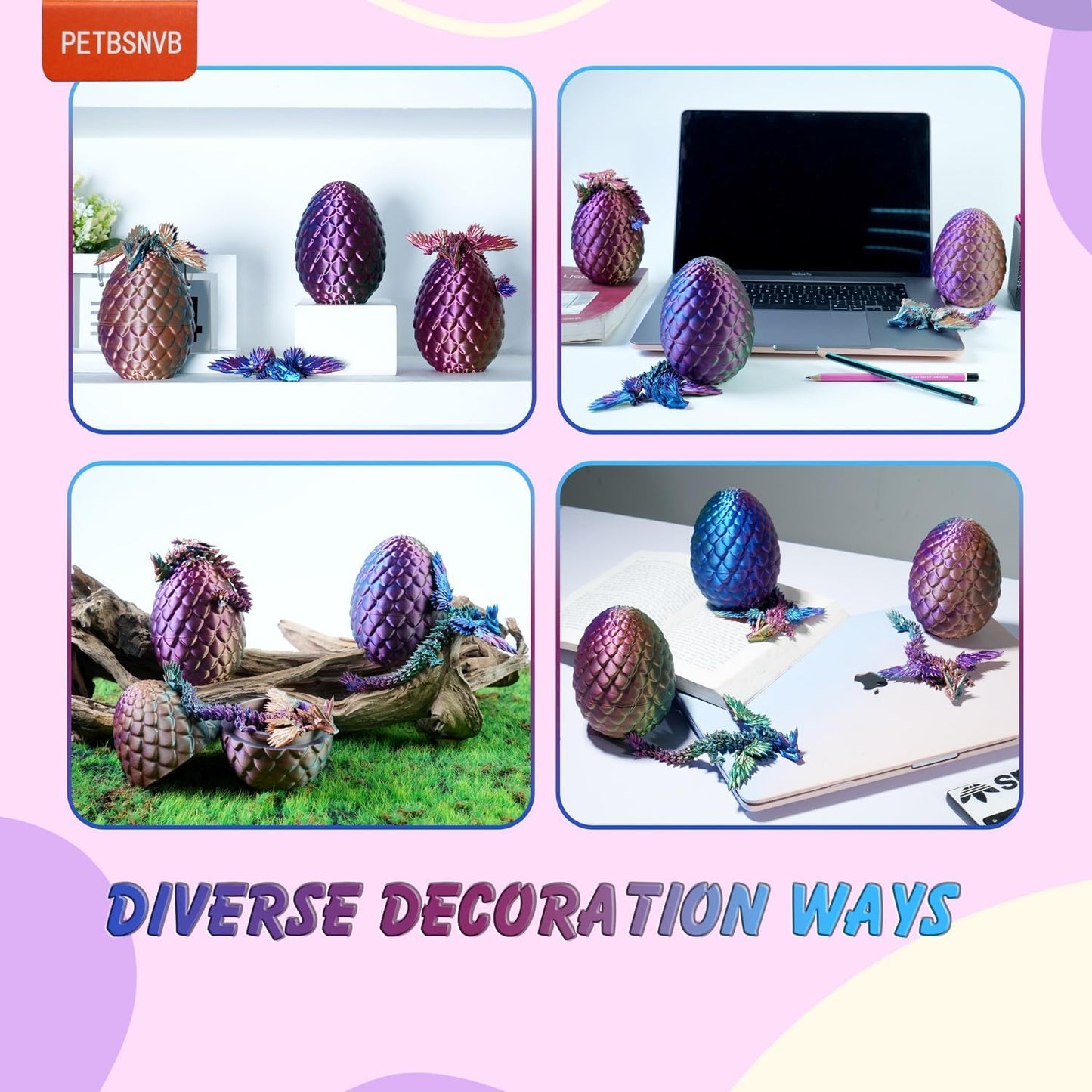 3 Colors 7" 3D Printed Dragon with Wings in Egg, Easter Basket Stuffers, Crystal Dragon Surprise in Eggs, Articulated Dragon, Dragon Fidget Toy, Home Office Decor Executive Desk Toy (Brown)
