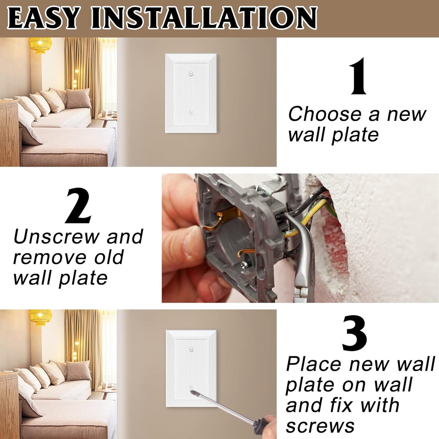 Modern Decorative Wall Plate Switch Plate Outlet Cover, Vintage Retro Wood Grain Design(Single Blank-4 Pack, White)