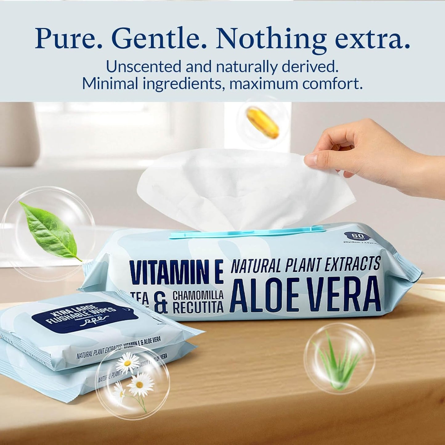 Flushable Wet Wipes - 6 Portable Travel Size Packs (60 Ct) - Unscented Extra-Large Body & Hand Tissue with Vitamin E & Aloe - For Adults, Kids & Children - Perfect for On-the-Go & Outdoor Use