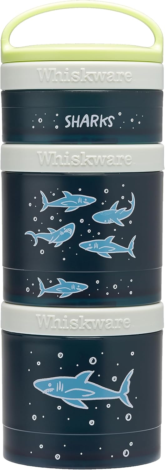 Whiskware Stackable Snack Containers for Kids, Set of 3 Stackable Snack Cups, Unicorn and Sharks Designs