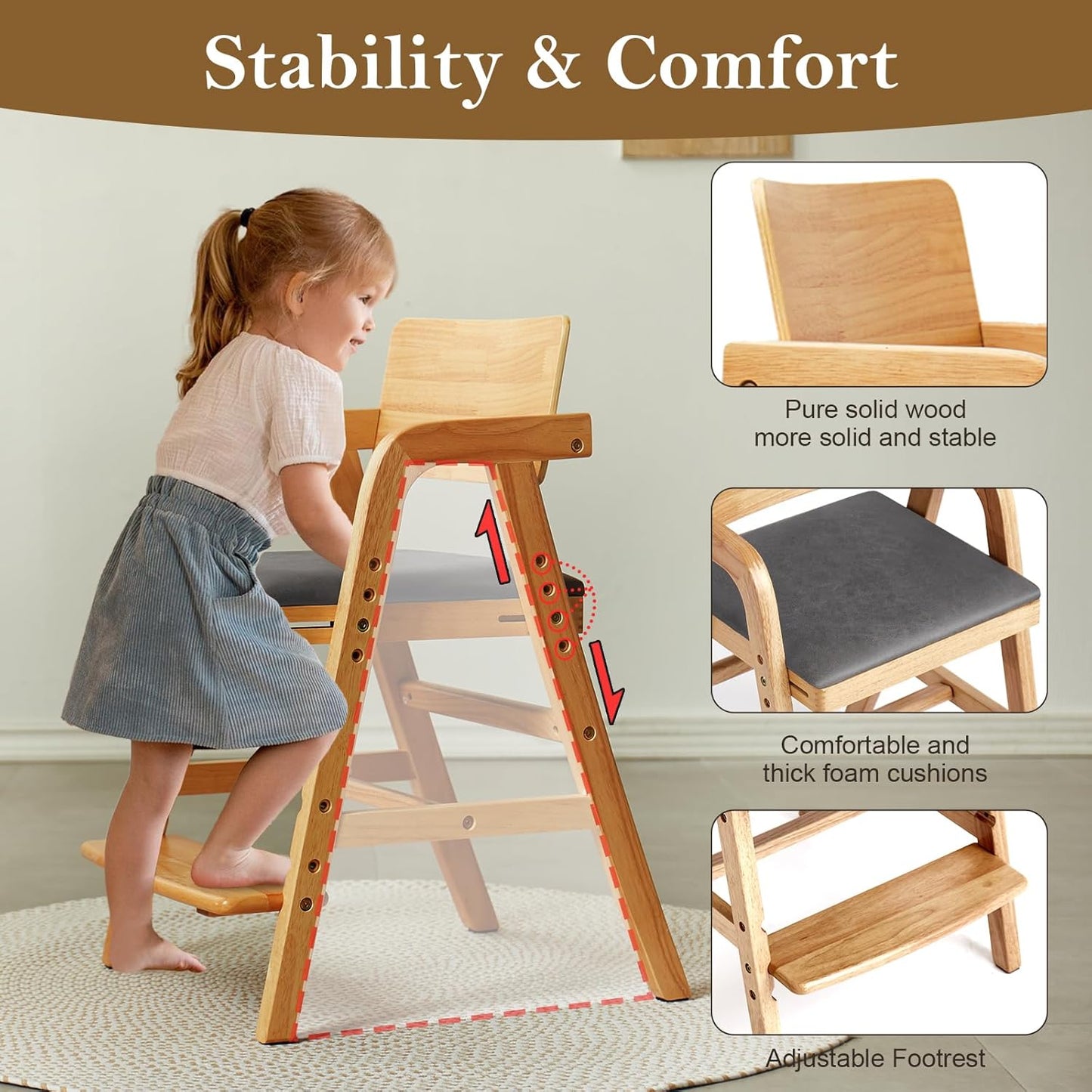 Solid Wood High Chair for Toddlers to Teens, Adjustable Height Toddler Dining Chair, Easy to Clean Toddler Highchair with Removable PU Cushion for Dining, Studying, Step Tool, Natural