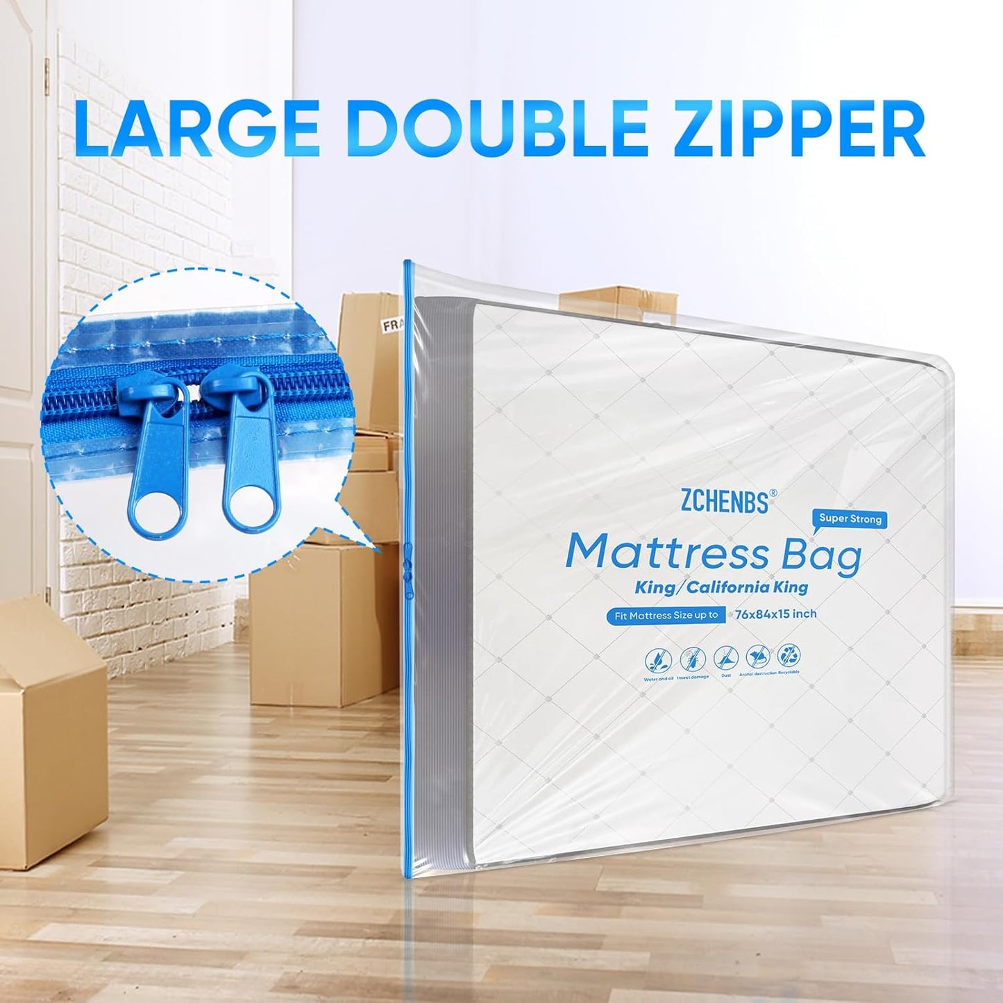 ZCHENBS® – Mattress Bags for Moving and Storage,Mattress Bag with Zippers,5 Mil Ultra-Thick Bed Bag,Waterproof,Anti-Tear,Heavy-Duty Mattress Bag (Transaparent/Blue, King/California King-(1 Pack)