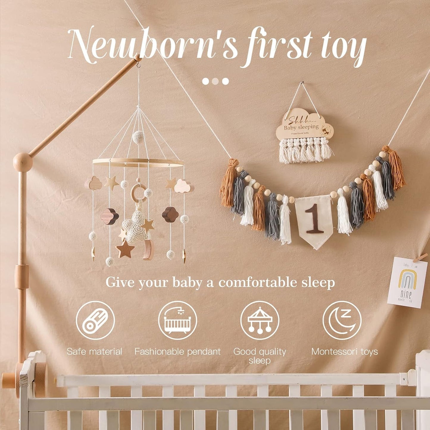 Baby Crib Mobile for Boys Girls| Boho Nursery Mobile| Gender Neutral Hand-Crocheted Mobile| Ceiling Mobile - Stars, Clouds, Moon