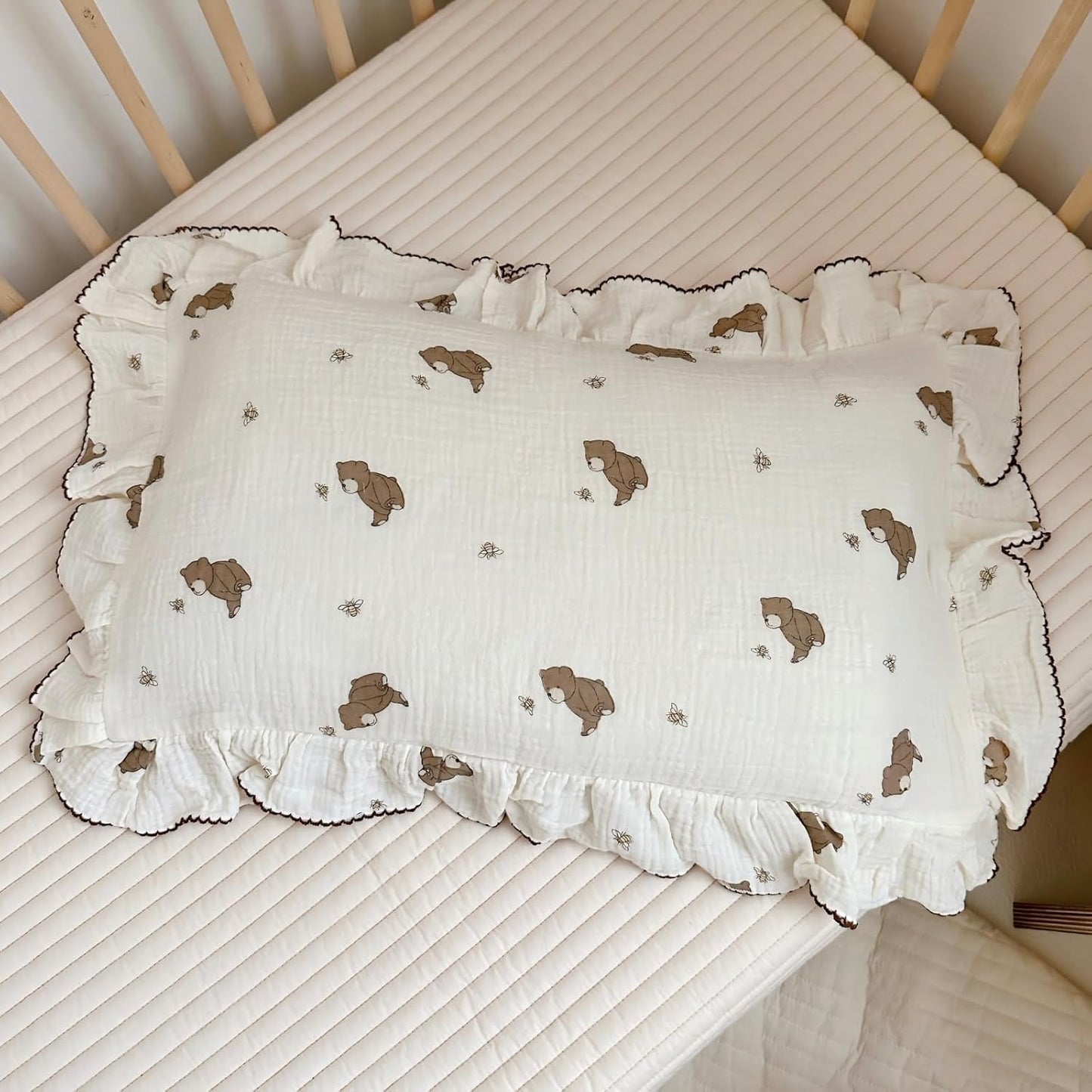 BuLuTu Cartoon Bear Muslin Pillowcase for Boys Girls Cute Animal Print Toddler Pillow Cases Soft Breathable Cotton Crib Cradle Pillow Cover for Kids Nursery Bedding,1 Piece, 14"x20"