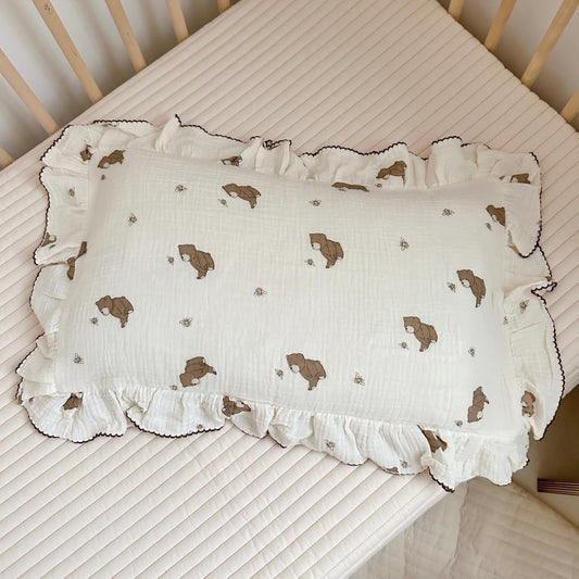 BuLuTu Cartoon Bear Muslin Pillowcase for Boys Girls Cute Animal Print Toddler Pillow Cases Soft Breathable Cotton Crib Cradle Pillow Cover for Kids Nursery Bedding,1 Piece, 14"x20"