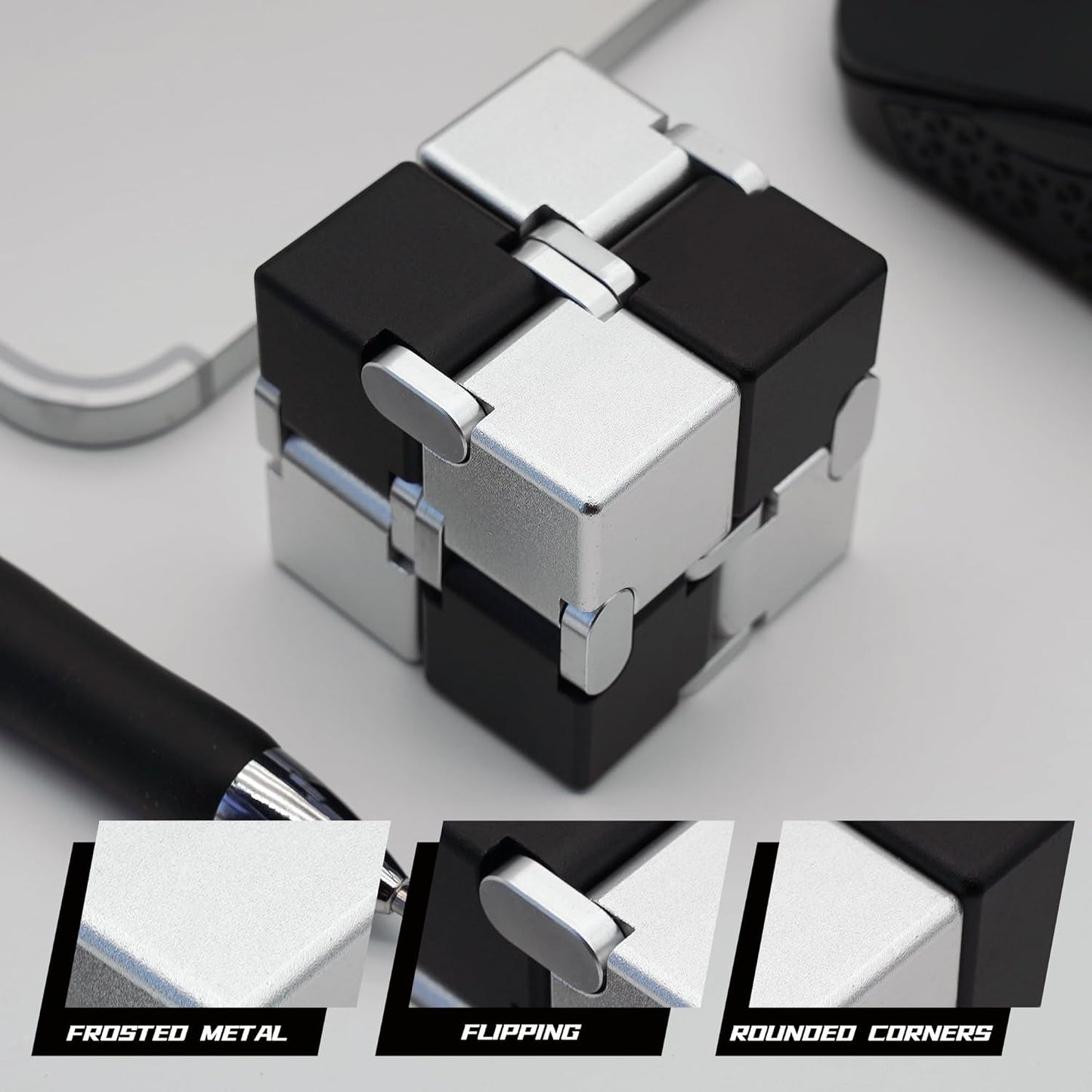 Infinity Cubes with Case, Fidget Infinity Cubes Metal for Kids Boys Girls, Silent Fidget Toys for Office for Adults Anxiety, Fidget Toys for Teens (Black Silver)