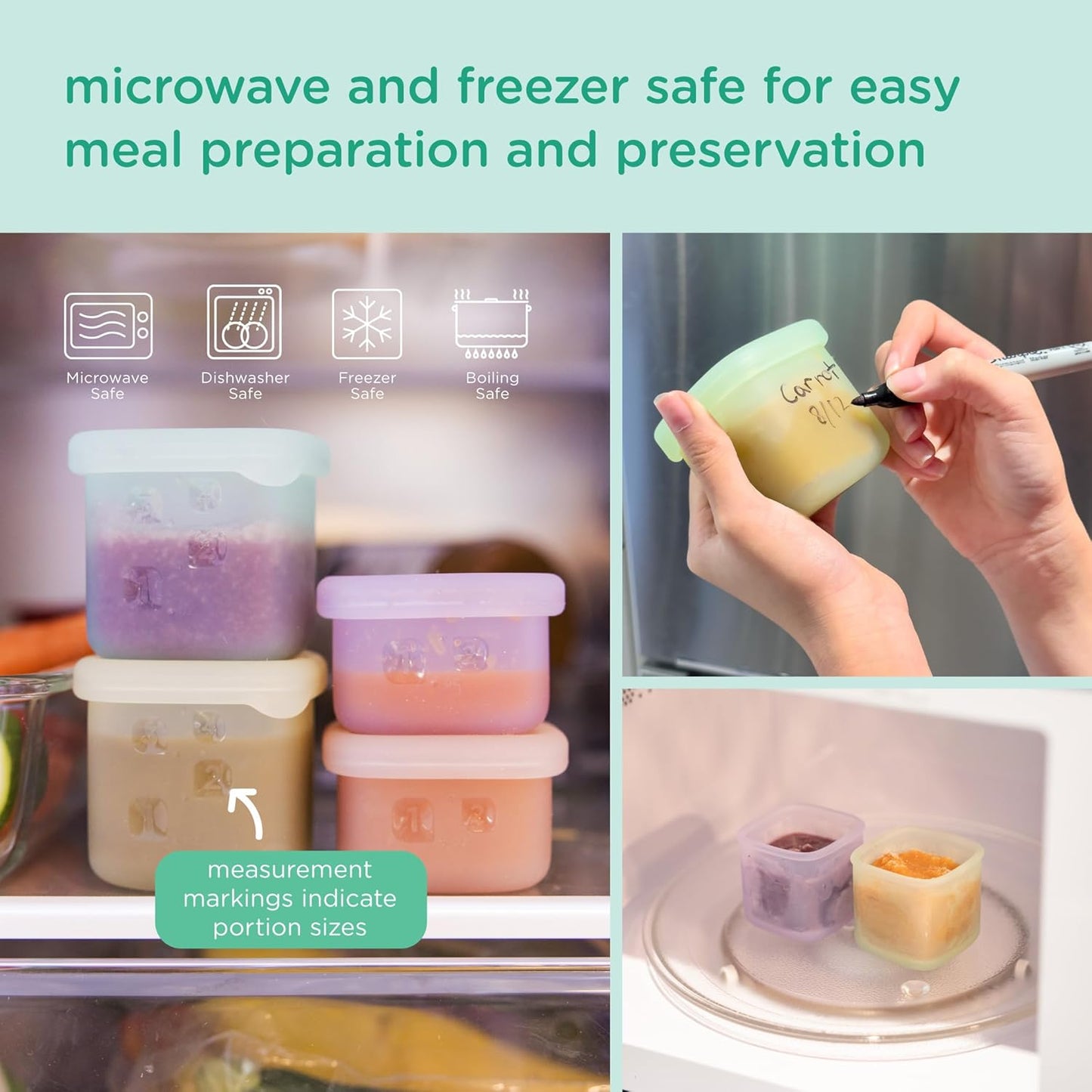 Olababy Clear Sense Silicone Storage Containers 4pk for Baby Food, Snacks, Formula, Puree, Sauce & More | Micro Plastic & BPA-Free | Daycare Essentials for Toddlers and Kids (Mint, 4 oz / 120 ml)