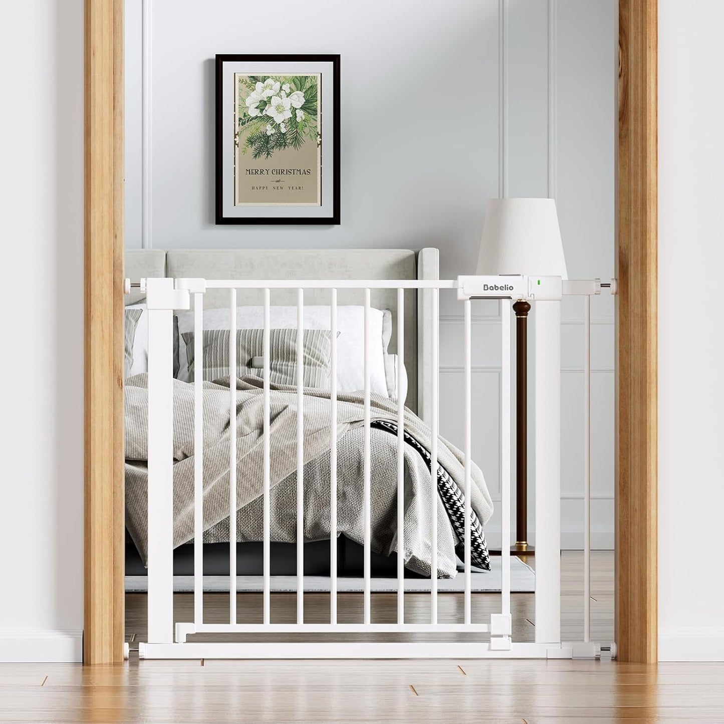 BABELIO Baby Gate for Doorways and Stairs, 36-41" Pet Gate with Wide Walk Thru Door and Lock Indicator, No Drill Pressure Mounted Safety Gate with Double Lock and Self-Closing, White