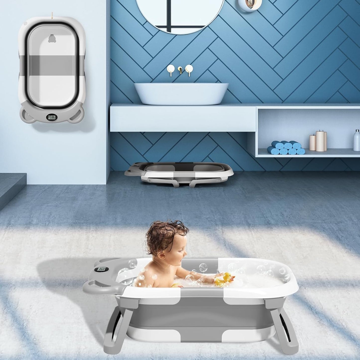 TPN Collapsible Baby Bathtub, Baby Bath Tub with Soft Cushion & Real-Time Thermometer, Baby Bathtub Infant to Toddler Tub (0-36 Months), Portable Newborn Travel Bath tub