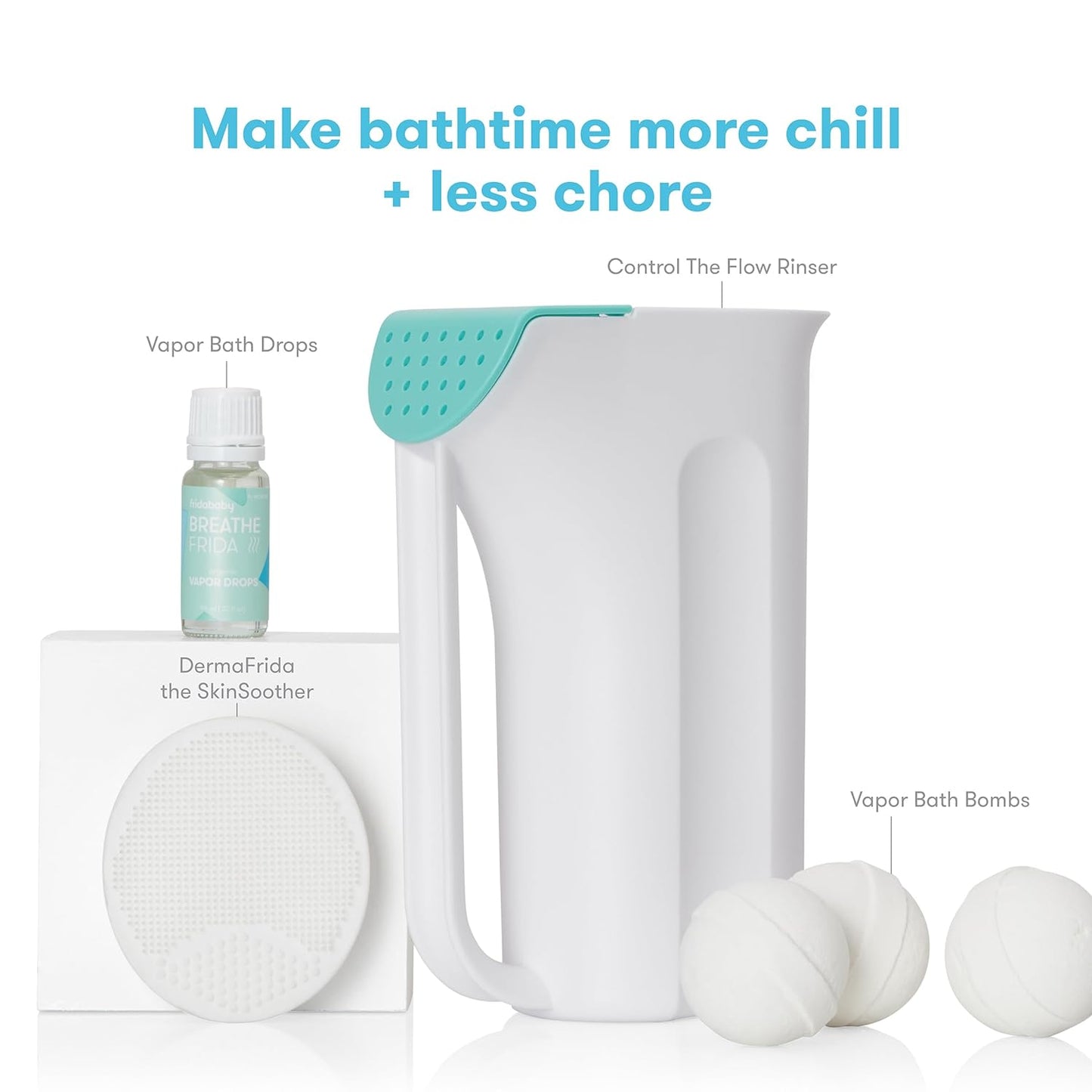 Frida Baby Baby Bath Upgrade Kit | Infant and Toddler Bath Essentials, Rinser Cup, Baby Bath Silicone Brush, Bath Bombs, Essential Oil Vapor Drops, white
