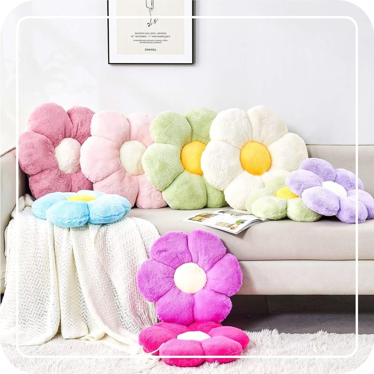 Lavender Flower Pillow, Cute Decorative Shaped Throw Pillow With Faux Rabbit Fur, 14.9" Soft Plush Floor Pillows Room Decor for Bedroom Living Room