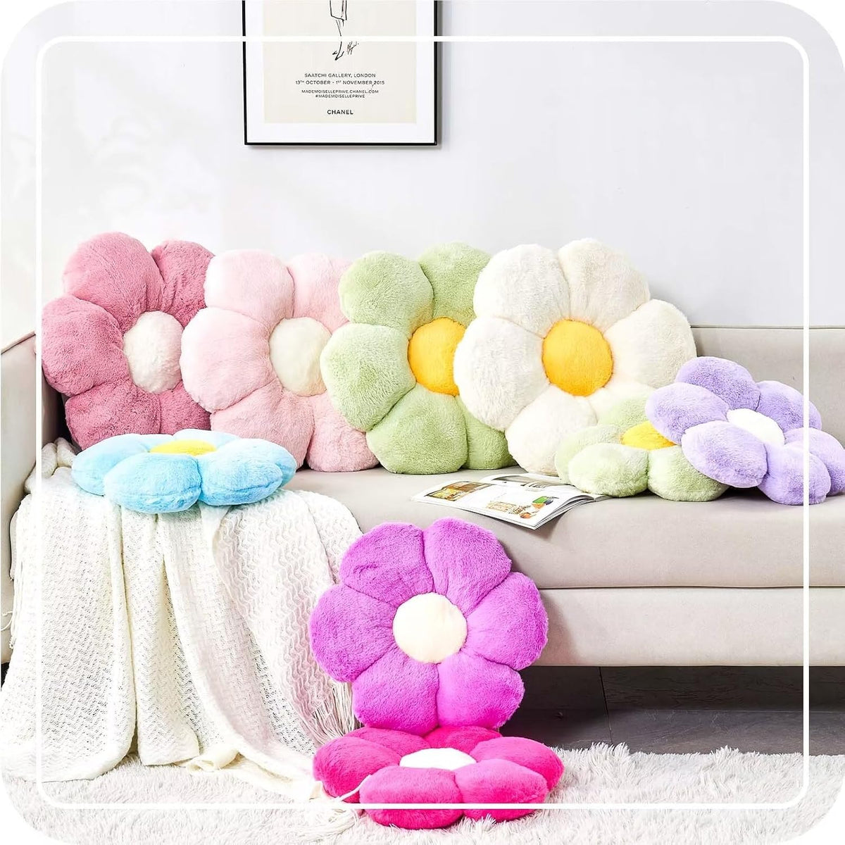 Green Flower Shaped Throw Pillow with Faux Rabbit Fur, 14.9" Soft Plush Throw Pillow for Bedroom Living Room