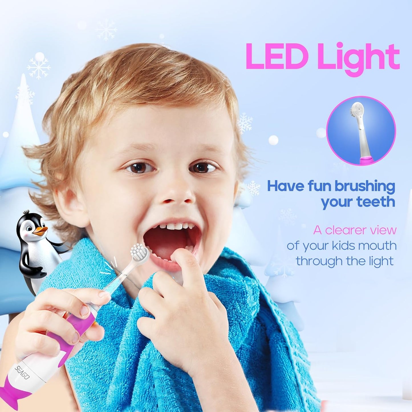 SEAGO Toddler Electric Toothbrushes for Baby Ages 0-3 Years, Baby Toothbrush with Smart Timer and Suction Base, 4 Replacement Brush Heads SG-513(Purple-C)