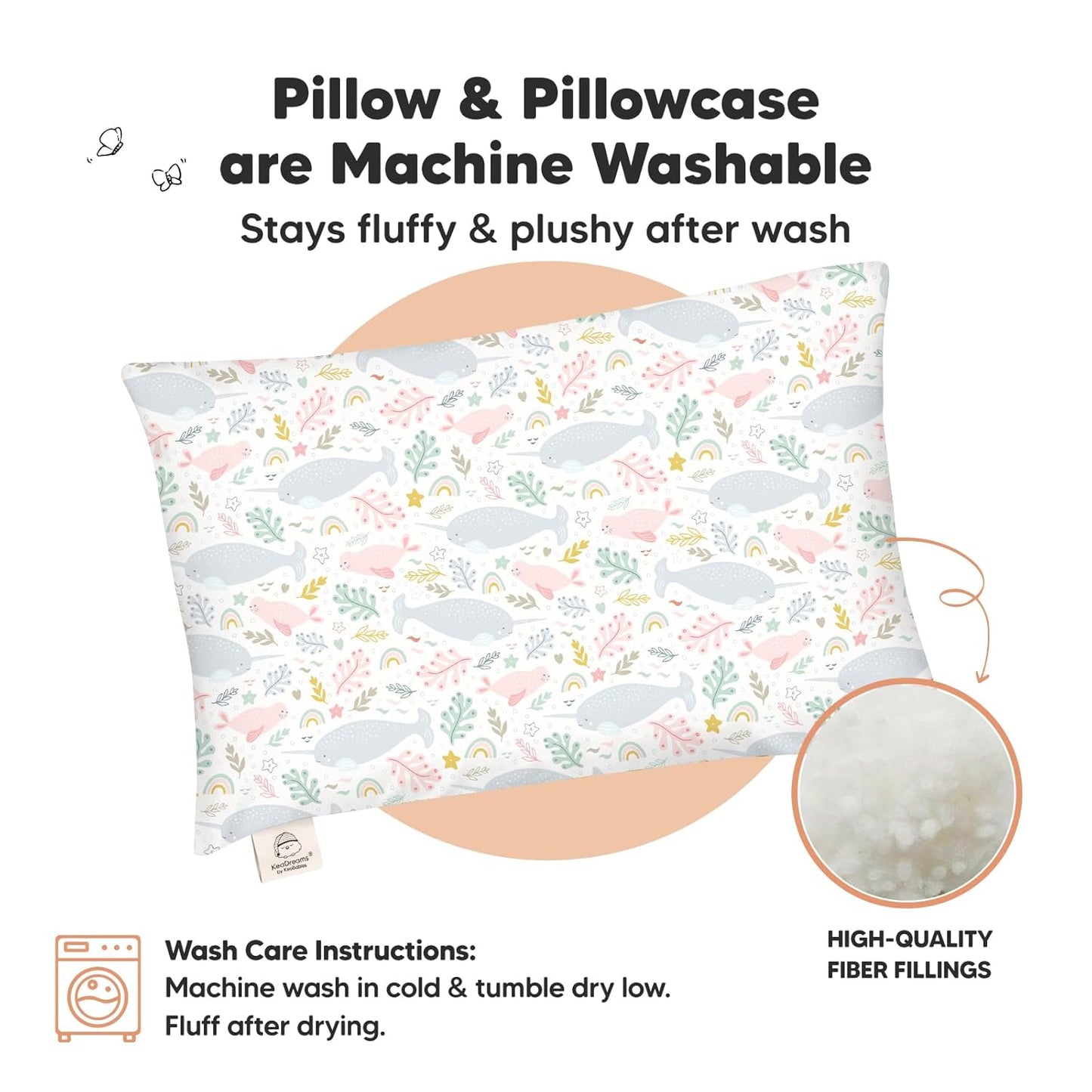 KeaBabies Toddler Pillow with Pillowcase, Jumbo 14X20 - Soft Organic Cotton Toddler Pillows for Sleeping - Machine Washable - Perfect for Travel, Toddler Bed Set (Narwhal)