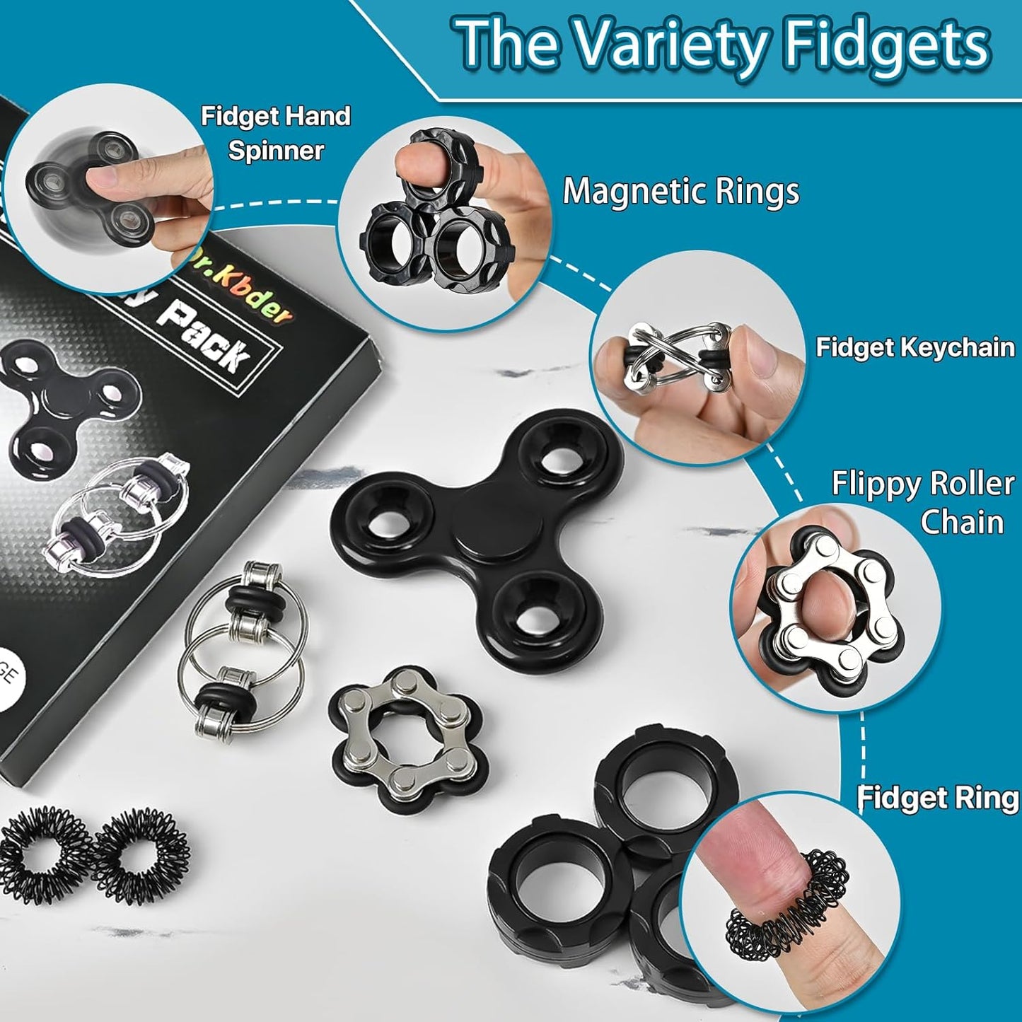 Fidget Toys Adults Pack 6Pcs, EDC Fidgeting Game for Kids Teen Cool Mini Gadget Desk Toys Figette Spinner Figits Rings Classroom ADHD Stress Anxiety Relief Toy Unique Gift for Boys Girls
