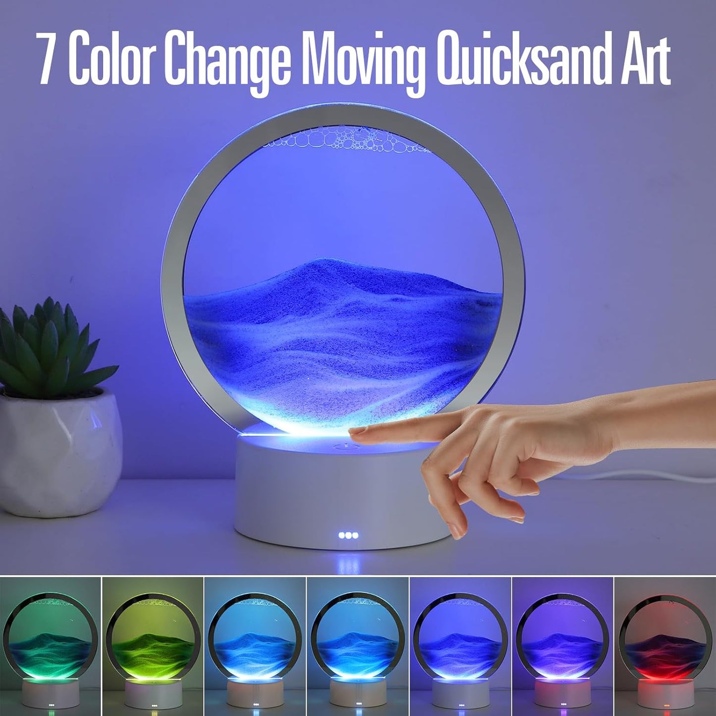 KPNUWN Moving Sand Art Liquid Motion, 3D Deep Sea Sandscape Color Quicksand Decor, Round Glass Moving Sand Art Picture Relaxing Desktop Home Office Work Decor (7 inch-Blue Light)