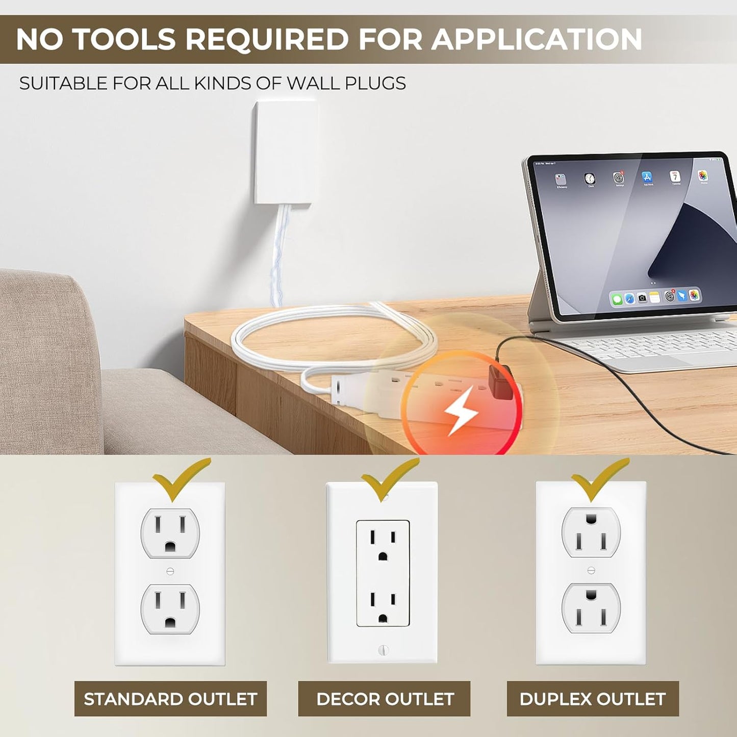 Outlet Concealer Power Strip | 5ft Flat Extension Cord | Ultra-Thin Outlet Cover Extension Cord with 3AC Outlets-,Universal Size,1625W for Kitchen, Home Improvement, Child & Pet Safe