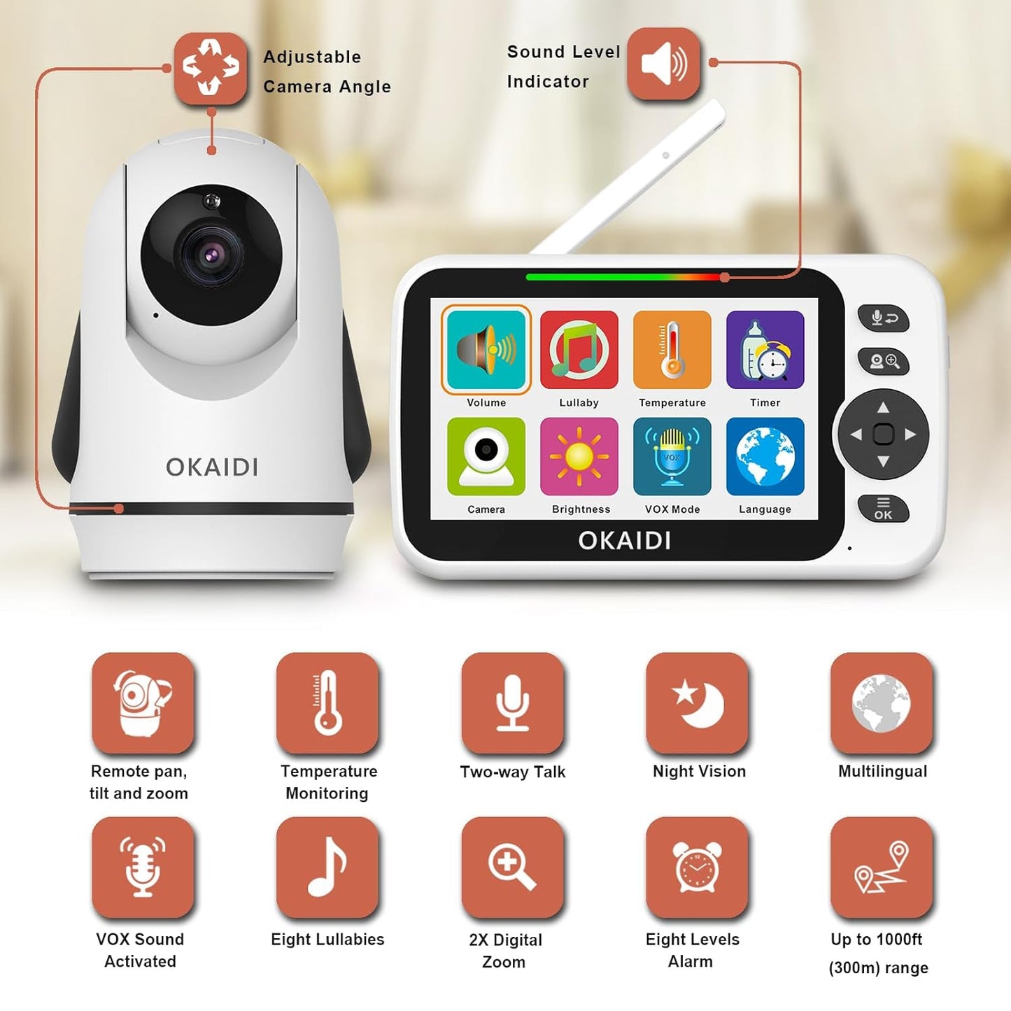 Video Baby Monitor with Camera and Audio, 5" Display Baby Monitor No WiFi, 30H Battery and 1000ft Range, Remote Pan-Tilt-Zoom Baby Camera, Night Vision, 2-Way Talk, ECO, Temperature, Lullaby