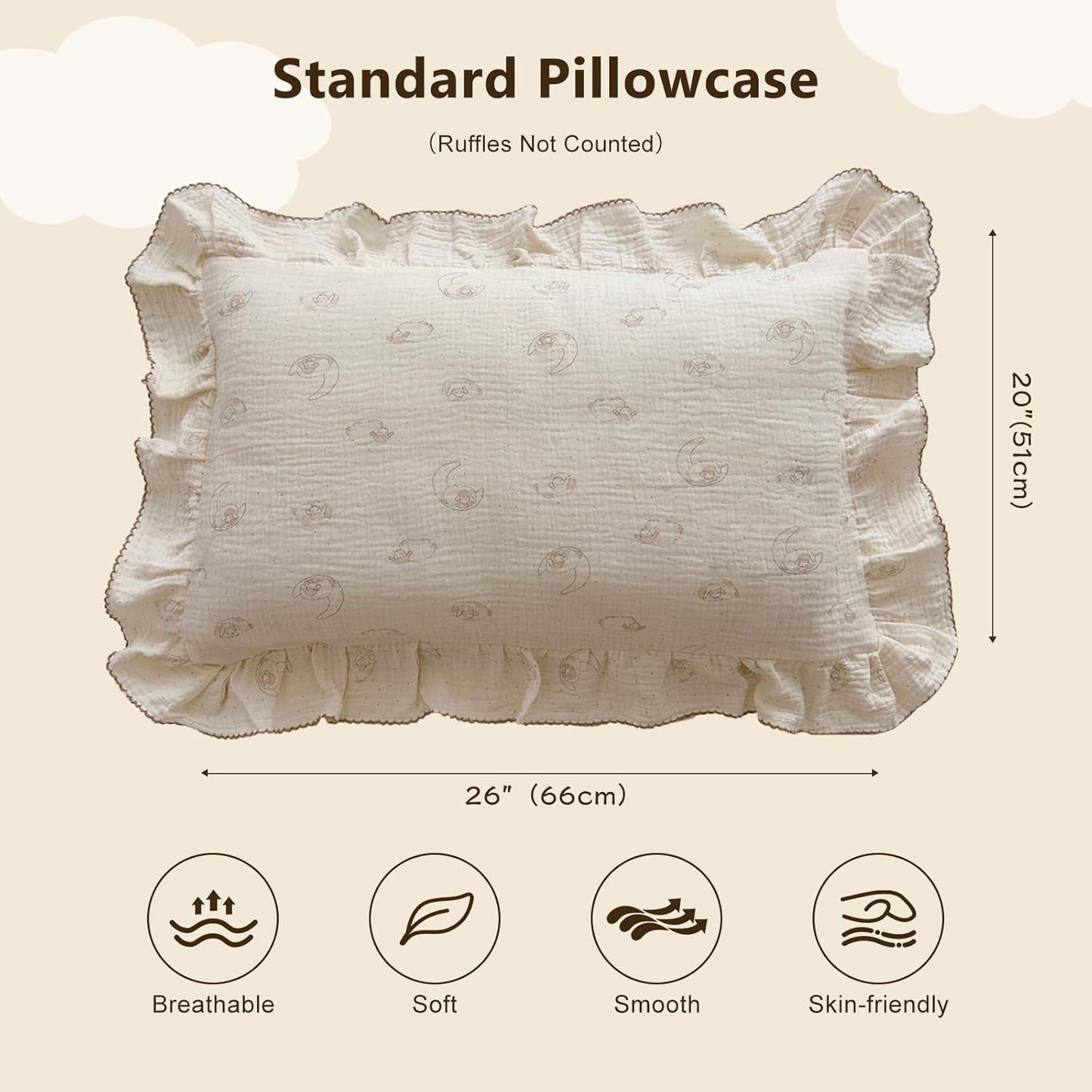 BuLuTu Muslin Kids Pillow Case Standard Size, 20"x26", Envelope Closure, 100% Cotton Pillow Cover, Cute Sheep Pattern Children Pillowcase Fit for Standard Pillows, 1 Pack