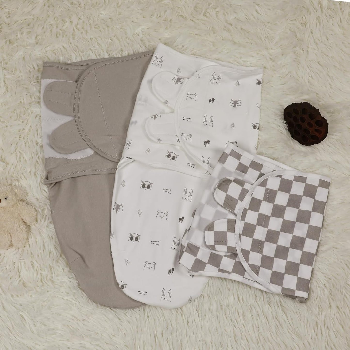 Baby Swaddle Sacks, 3-Pack Newborn Organic Cotton Swaddle Wrap, Adjustable Swaddling Blankets, Nursery Swaddling Essentials for Newborn 0-3 Months, Infant Shower Items Gift (Animals & Square)