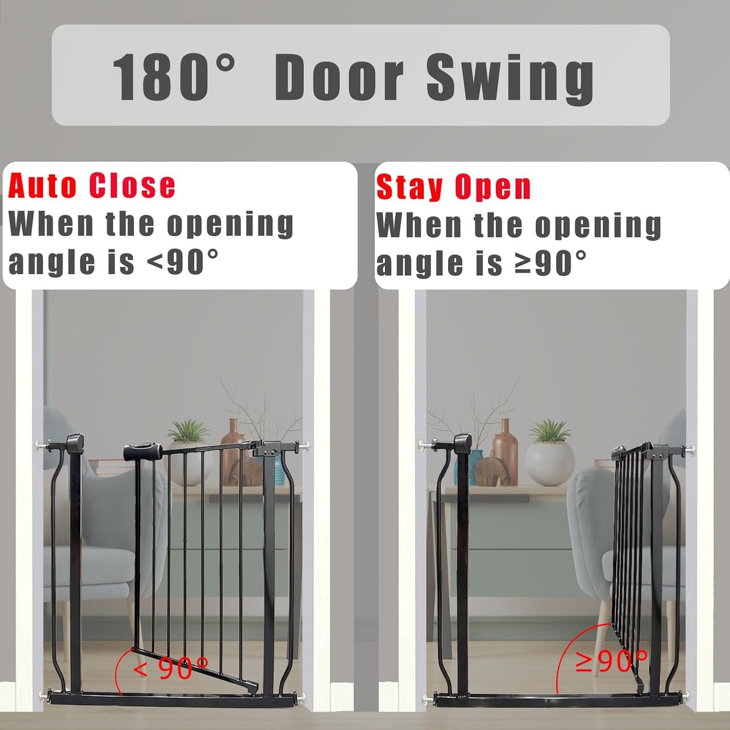 Walk Through Baby & Dog Gate 34-38.5 Inch, Auto Close, Tension Mounted Indoor Safety Gate for Stairs & Doorways - Black Metal, 30 Inch Tall