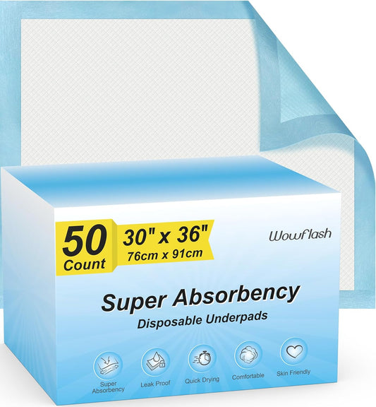 50 Count 30” x 36” Super Absorbency Disposable Underpads, Leakproof Quick Drying, Baby Puppy & Adults Bed Pads Disposable Adults, Dog Pee Pads Extra Large, XXL Incontinence Pads