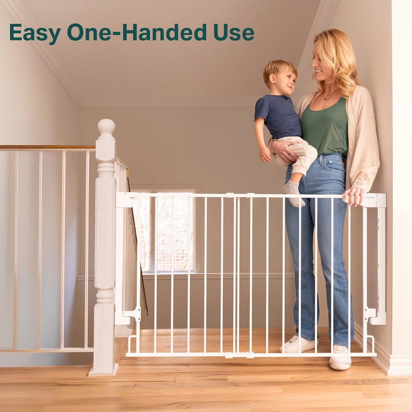 Cumbor 29.2-43" No Bottom Bar Baby Gate for Stairs, 2-in-1 Auto Close Dog Gate Indoor, Hardware Mounted Pet Gate for Doorways with Large Walk Thru Door, Child-Proof Safety Gate for Kids (White)