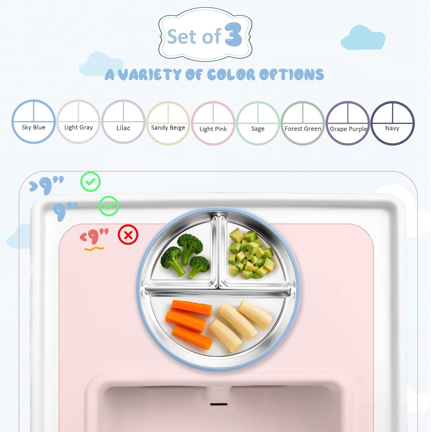 Stainless Steel Suction Plates for Toddlers, 9" Divided Kids Baby Plates with Removable Silicone Suction, Non Toxic Non Slip Portion Control Snack Dishes 3 Packs, Blue Gray Navy