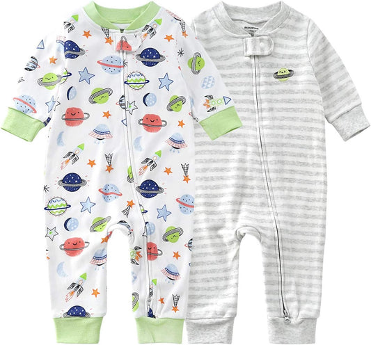 Teach Leanbh Baby 2-Pack Footless Pajamas Cotton Long Sleeve Printing 2 Way Zipper Romper Jumpsuit Sleep and Play 3-24 Months