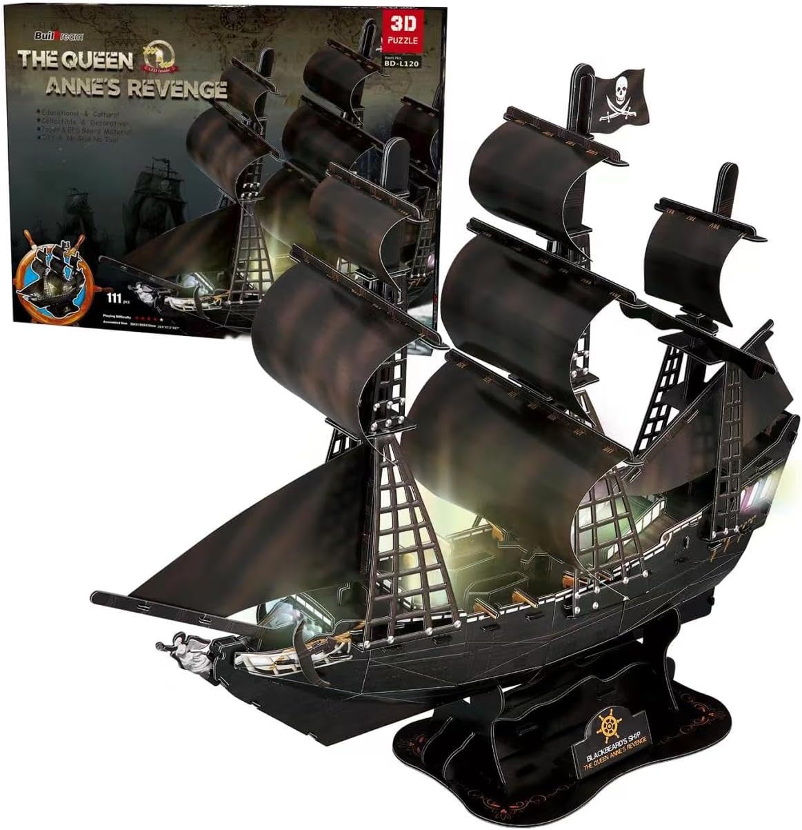 Queen Anne’s Revenge 3D Puzzle Kit, Large 111 Pieces Nautical LED Model Ship Building Kit, Retro Style Pirate Ship Desk Decor Birthday Gift for Adults Men and Teens