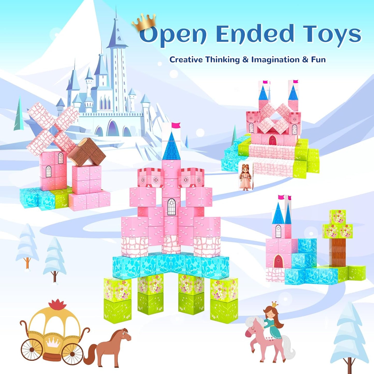 Updated Magnetic Blocks-Princess Castle, Creative Magnetic Building Blocks Toddler Toys, Birthday Gifts for Kids 3+ Years Old, STEM Montessori Sensory Toy for Boys & Girls Age 3-4 4-5 6-8