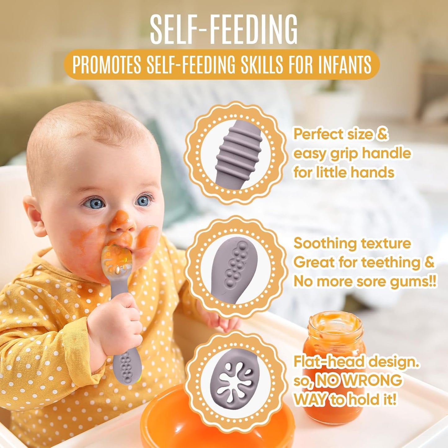 4pc Silicone Baby Spoons Self Feeding Baby Utensils 6-12 Months - 3 Baby Spoon - 1 Baby Fork - Toddler Cutlery Set - BPA Free, Dishwasher Safe, Baby Eating Essentials (Light pink/Army Green)