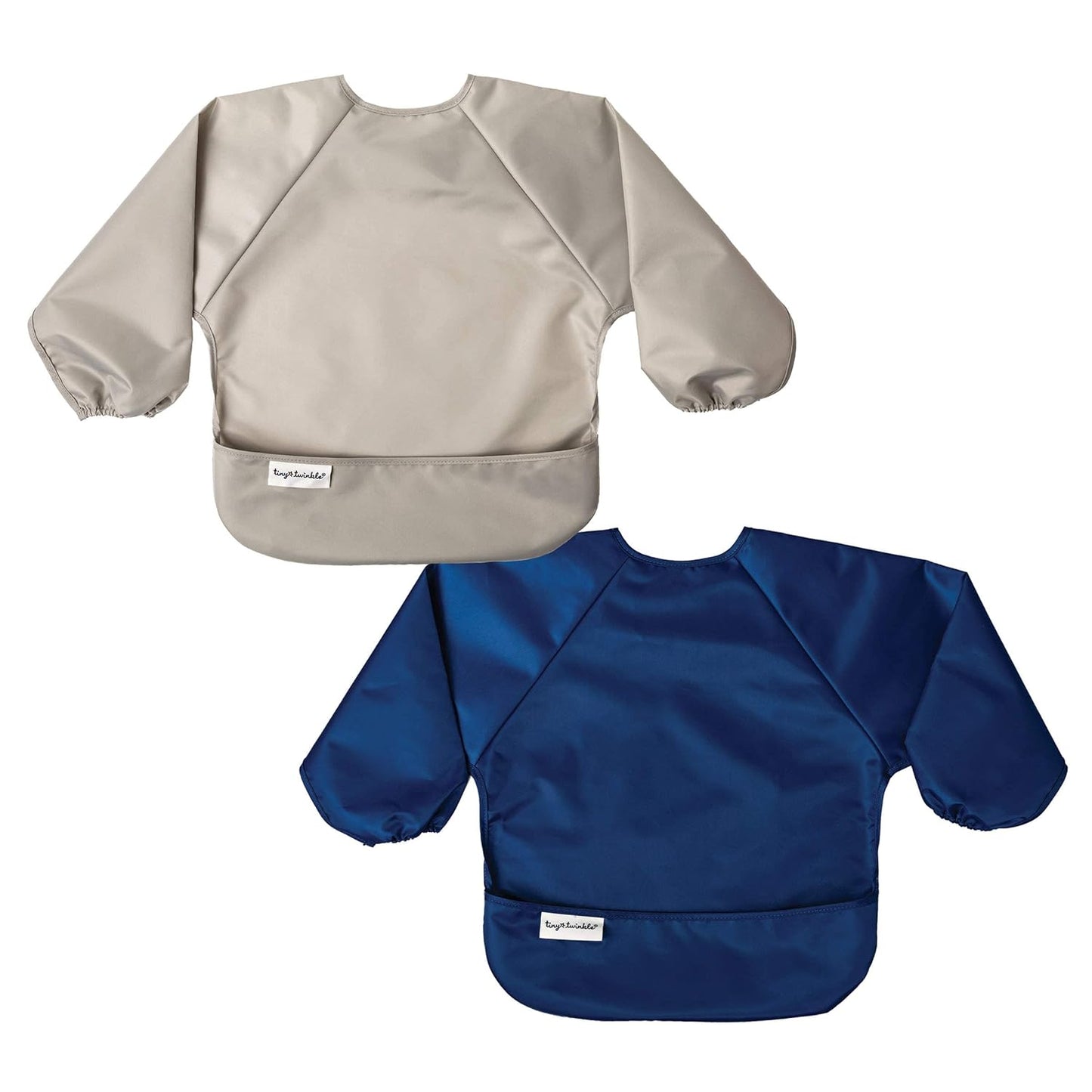 Tiny Twinkle Mess Proof Baby Bibs, 2pk Waterproof Smock Baby Bibs for Eating, Machine Washable Long Sleeve Bibs, Baby Led Weaning, Toddler Bibs, BLW Supplies (Grey Indigo, Large 2-4 Years)